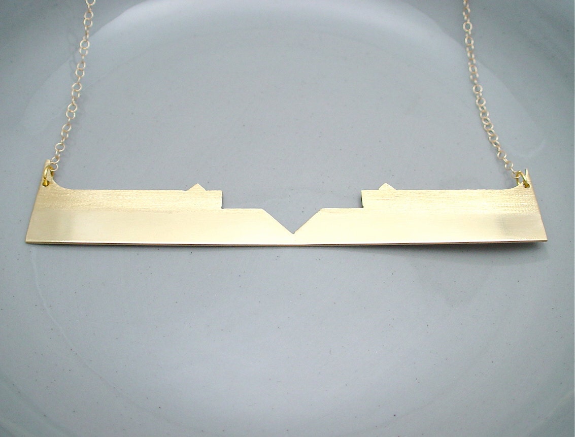 Aztec Architectural Necklace Geometric Brass Pendant Contemporary Jewelry Design