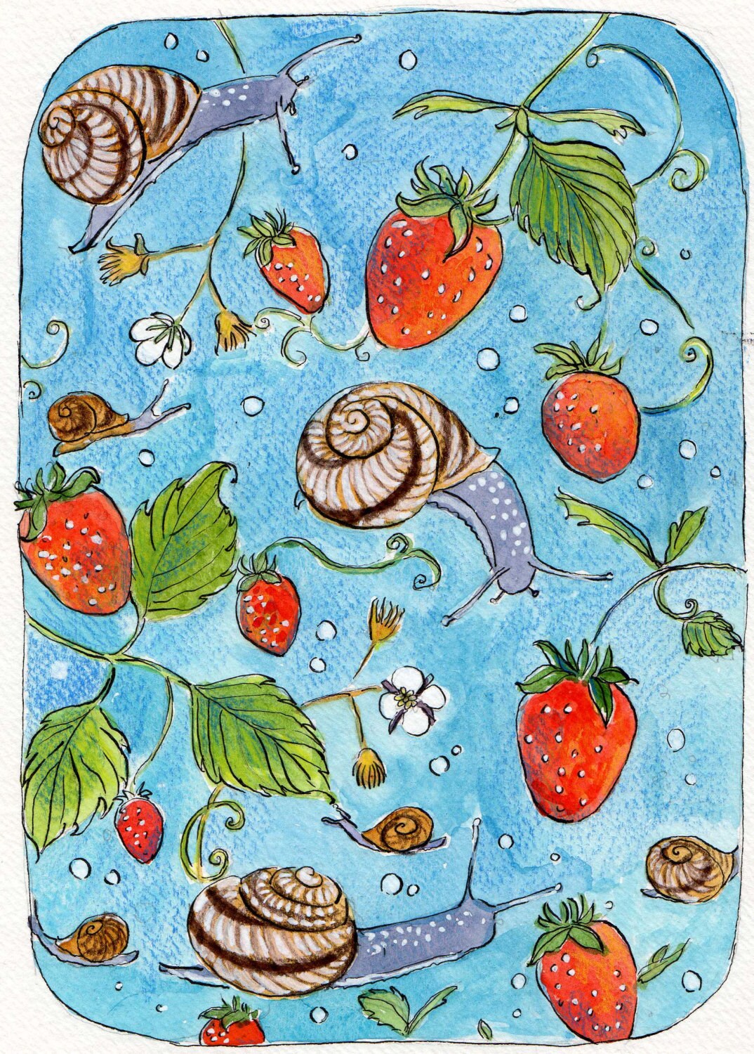 Strawberries, Snails, Illustration 5 x 7 watercolour print note card
