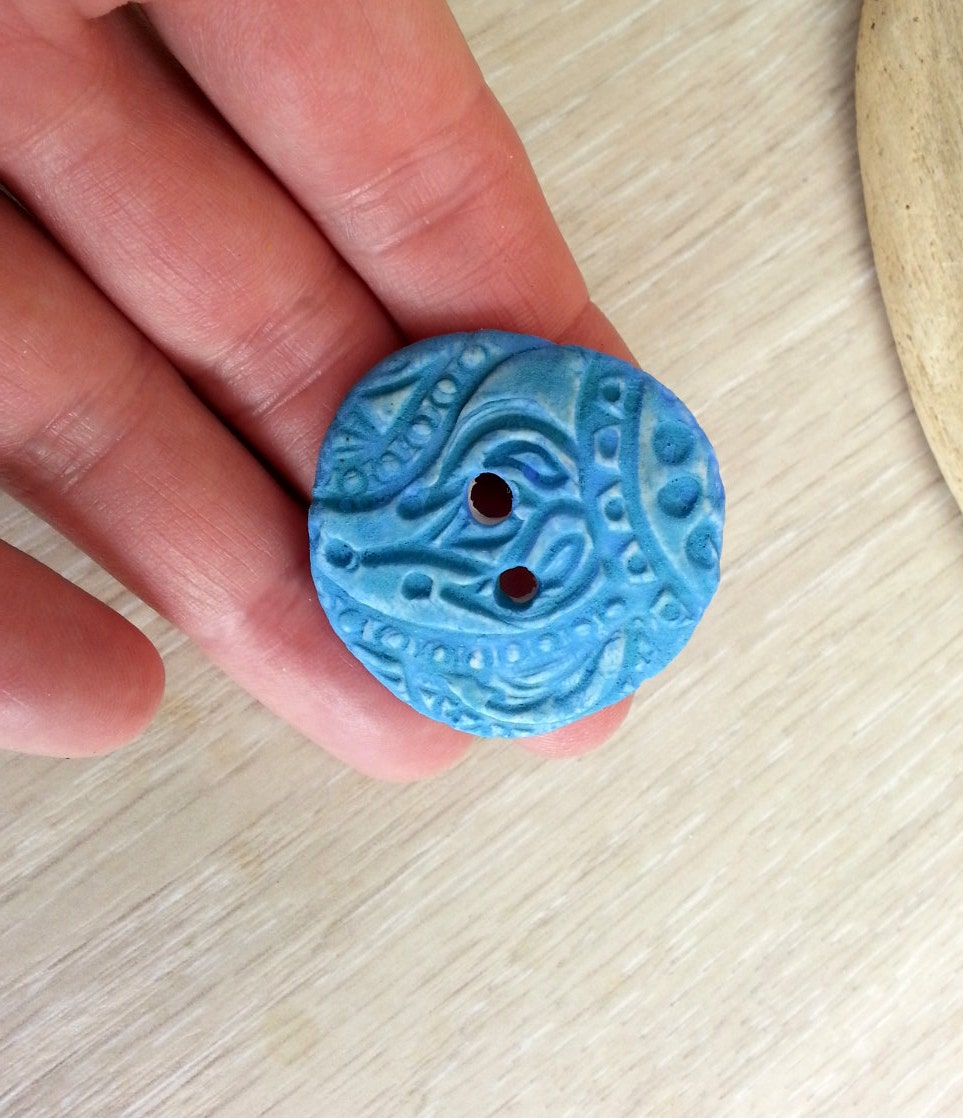 Tribal ceramic button in vivid sea blue art bead
