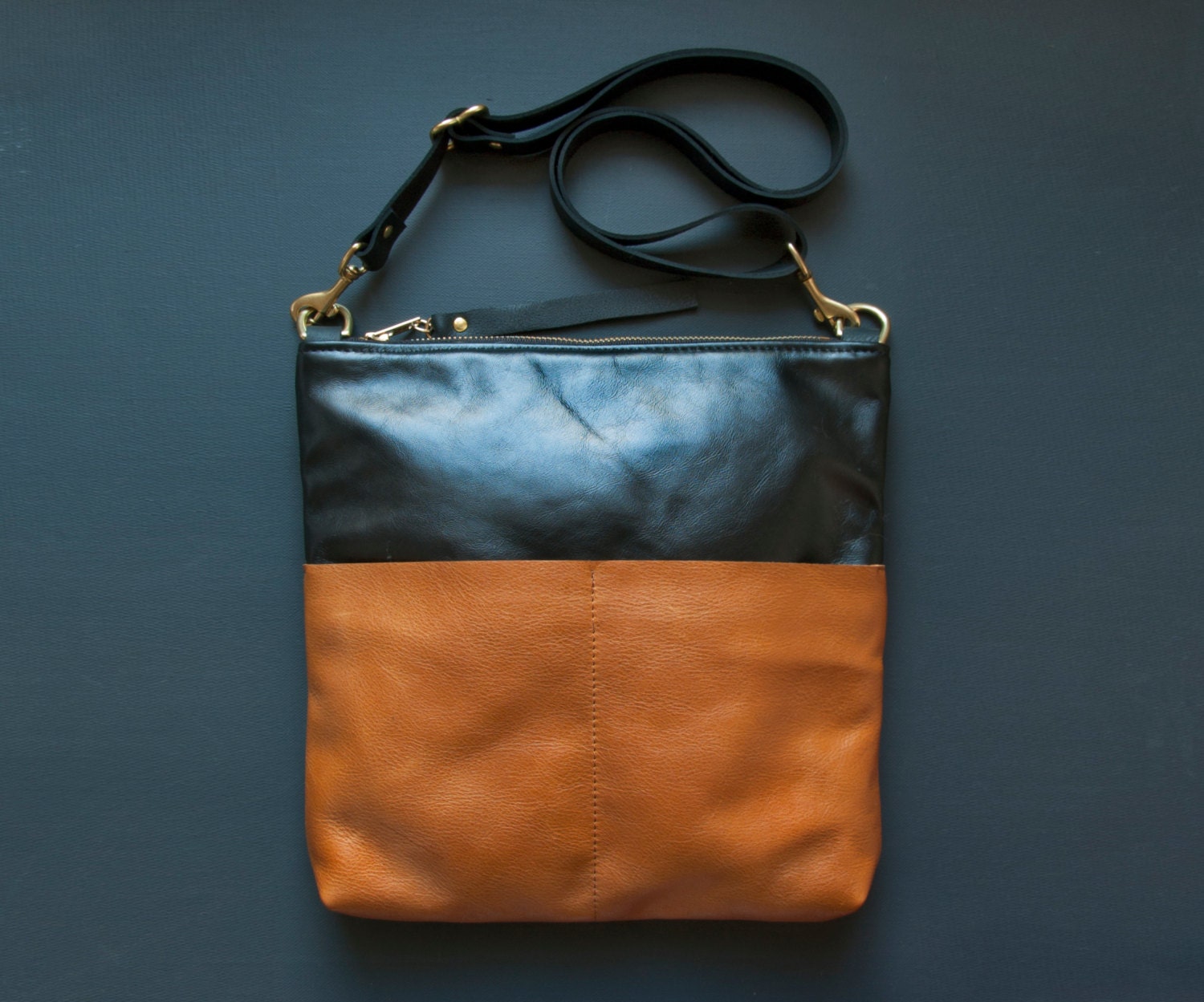 CAMEL BLACK Leather Shoulder Bag. Leather Cross Body Shoulder Bag. Color Block