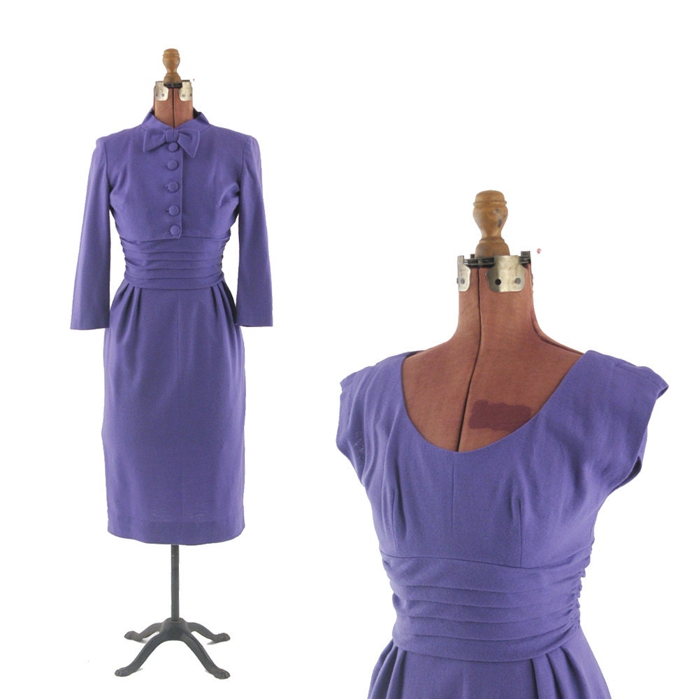 Vintage 1950's Purple Hourglass Wool Knit Cocktail Dress &  Mini Jacket Set M