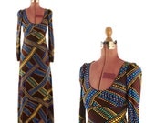 Vintage 1970's Bright Neon Abstract Print Empire Waist Maxi Sweep Dress S