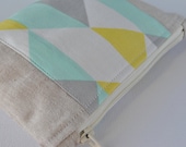 Padded coin gadget pouch: Natural Linen with abstract triangles in aqua blue,yellow and grey.