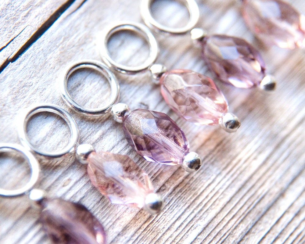 Snag Free Stitch Markers in Pastel Spring Mix, Lilac Purple and Light Pink Faceted Glass, Set of 6