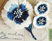 White & Blue Brooch Set Signed Hedy