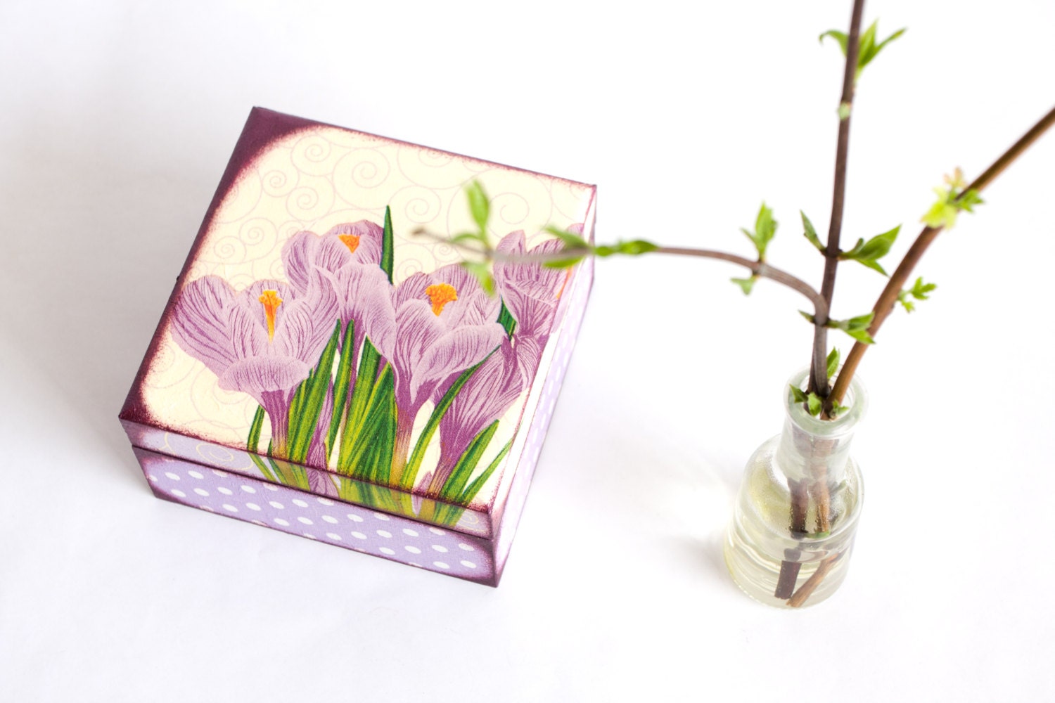 Spring Jewelry Box, Purple Crocus Trinket Box, Wooden Polka Dot, Pastel Colors, Wedding Box ohtteam