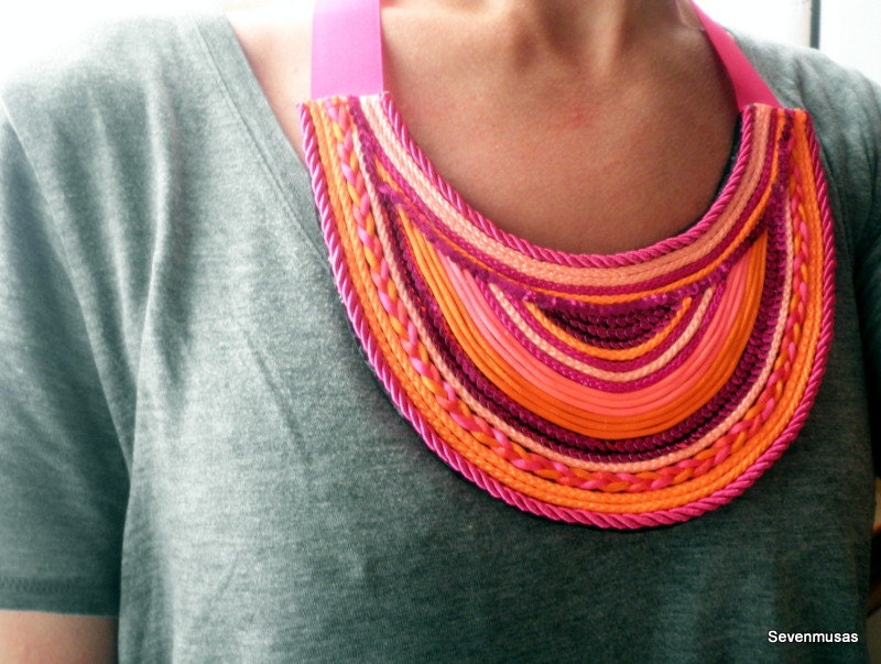 Color Block Neon Pink Coral Orange Light Pink Fuchsia Sequin  Tribal  Bib Necklace Cord Necklace