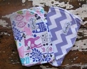 Baby Girl Burp Cloths - Set of 2 - Lavender Chevron and Forest Life - Owls, Trees, Deer - Pink and Purple