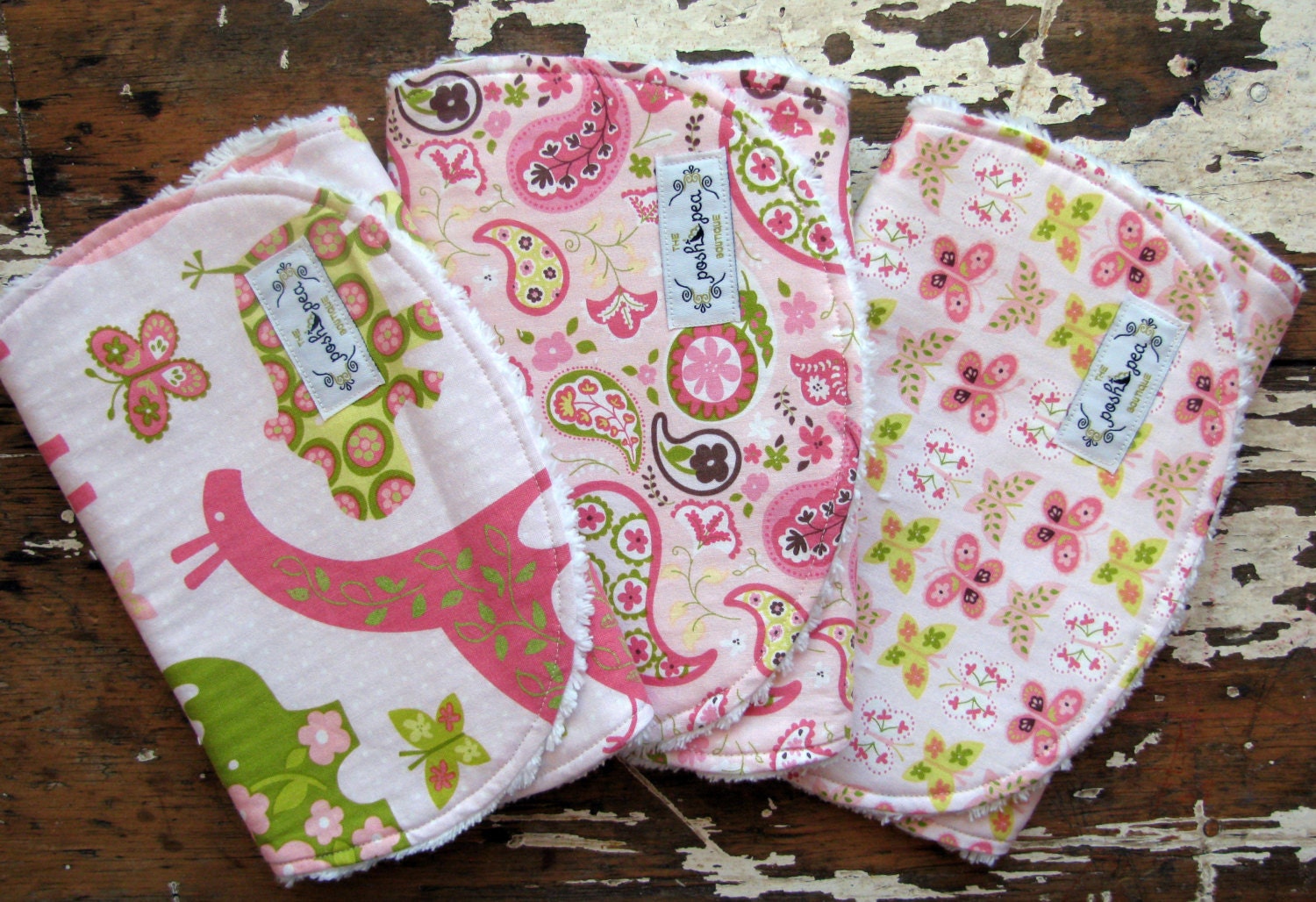 Baby Girl Burp Cloths - Set of 3 - Pink & Lime Green - Animal Parade, Paisley, Butterflies