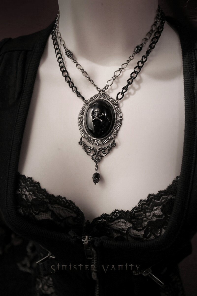 Gothic Cameo Steampunk Victorian Necklace Antiqued Brass Skull Crossbones Onyx Beadwork Necklace Jewelry