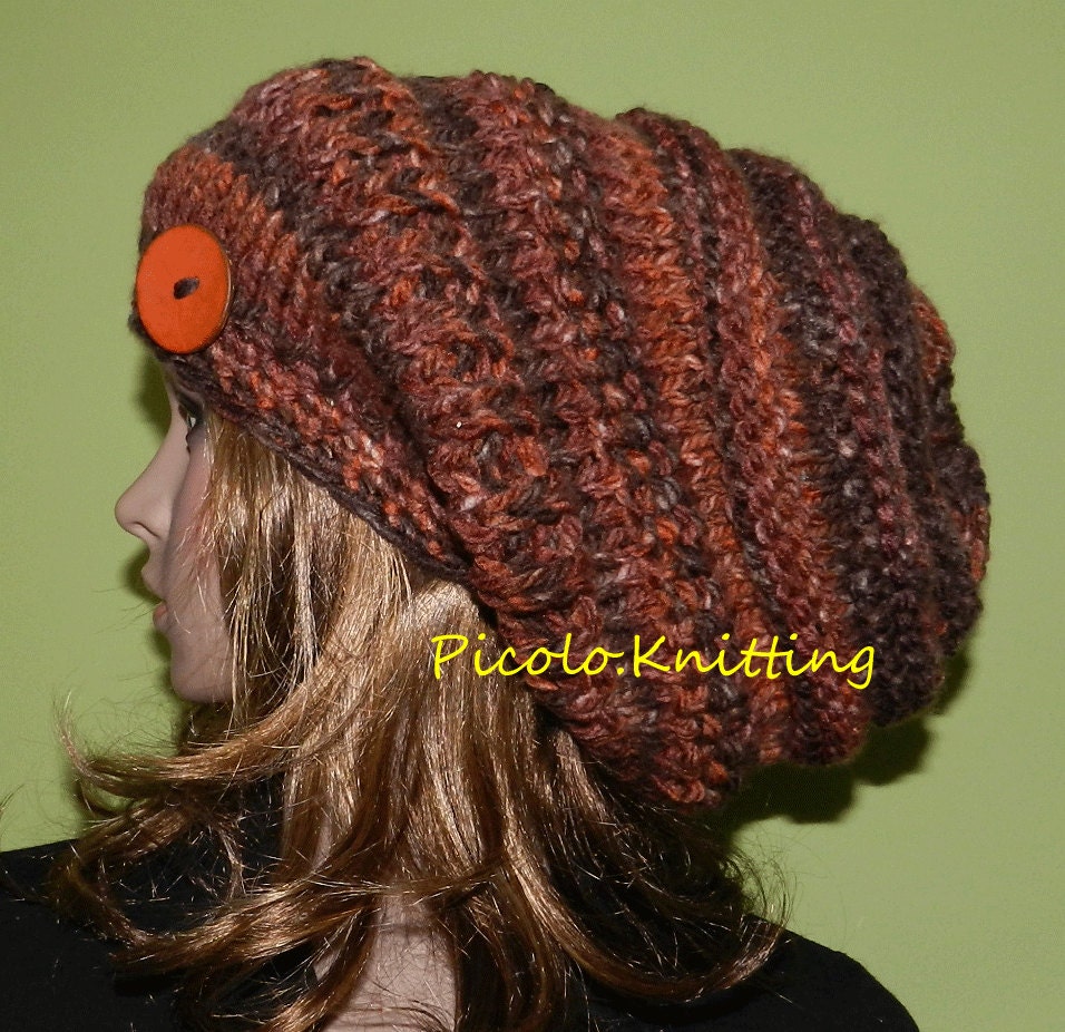 Hand Knitted Chunky, Slouchy Hat, Big Baggy Beanie ,Boho, Women/Teen, Large Slouchy Hat, Hippster Cap in Raspberry Chocolate with Button