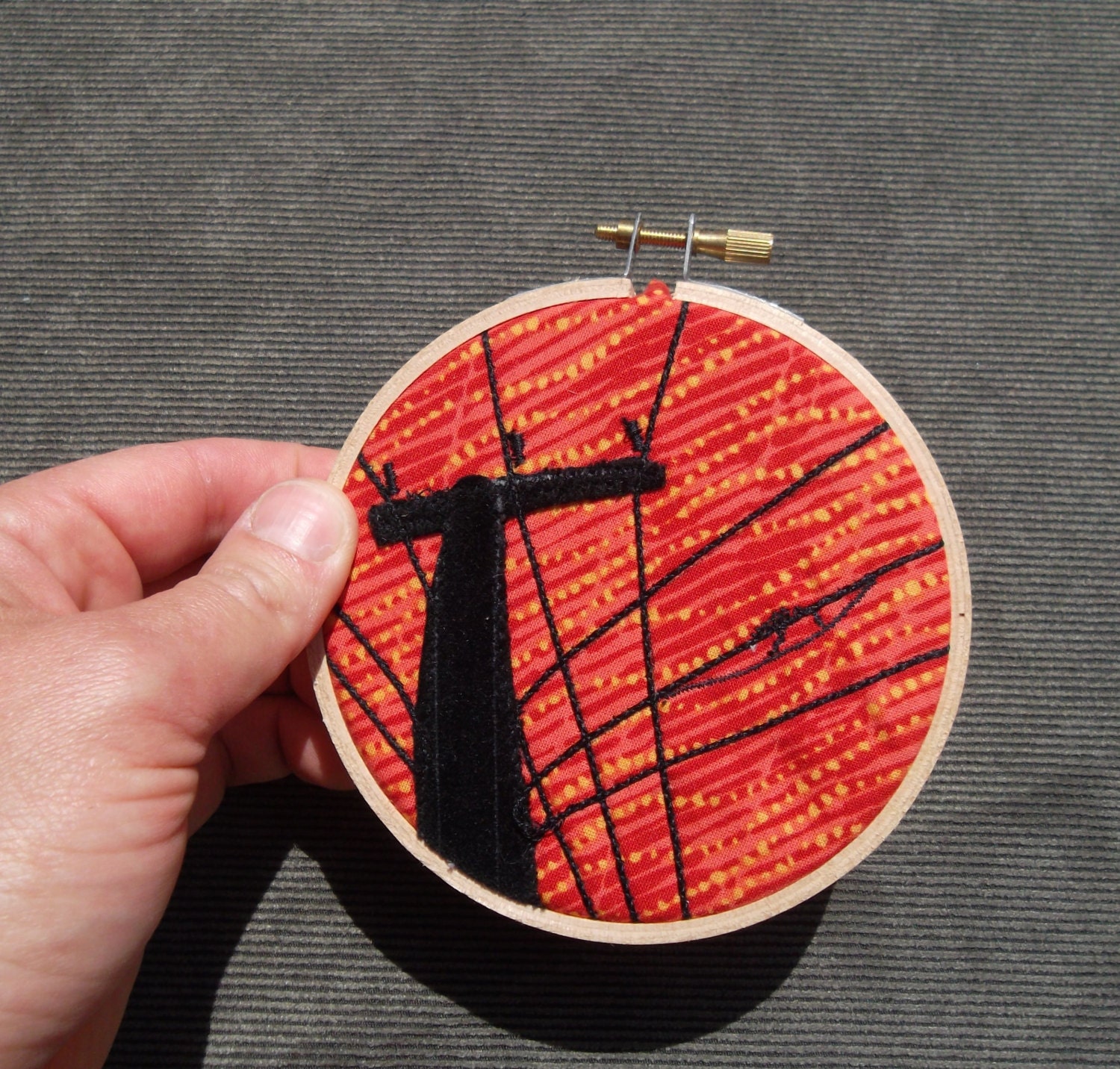 Mini Hoop, "Telephone Pole with Red Muscle Sky," OOAK, recycled fabric art, mounted in 4 inch hoop, ready to hang