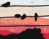 Mini Hoop, "Birds on the Wire with Cherry Glow Sky", OOAK, textile art, fabric art, home decor, fiber art, upcycled, recycled art