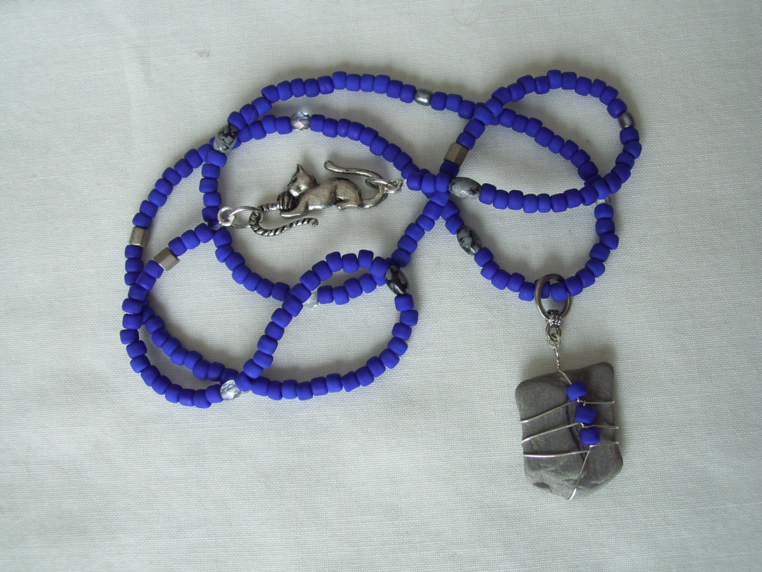 Lake Michigan Beach Stone Pendant Necklace with Cat Clasp