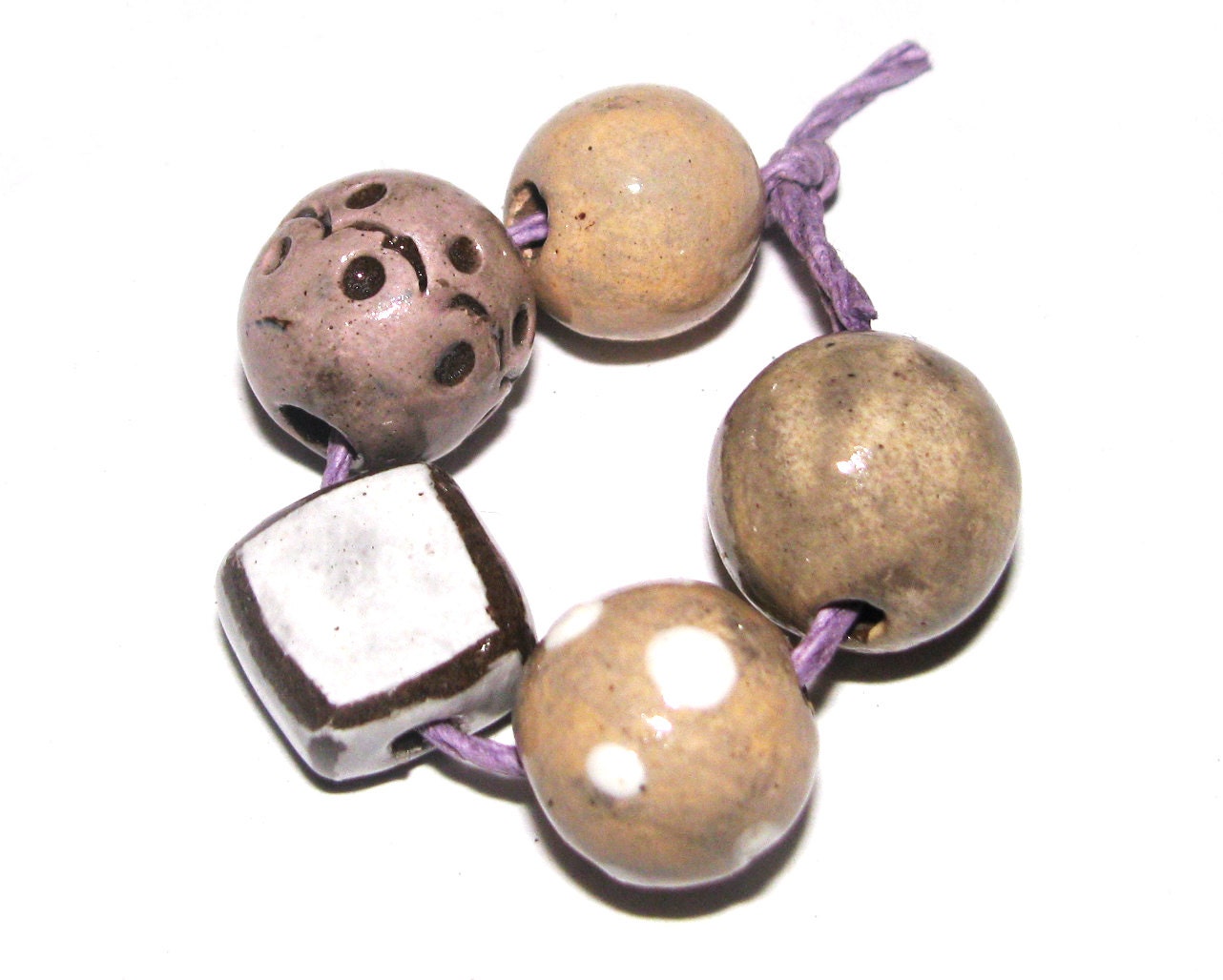 5 x Handmade Ceramic Stoneware Beads Set Pink White Beige Flesh