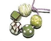5 x Handmade Ceramic Stoneware Beads Set Green Lime Olive White Faceted Dotty