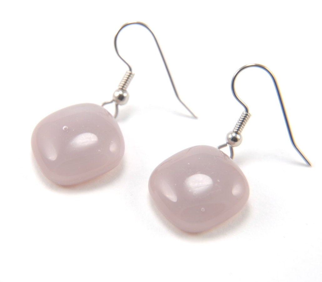 Mauve lilac glass earrings - modern fused glass dangle earrings, square