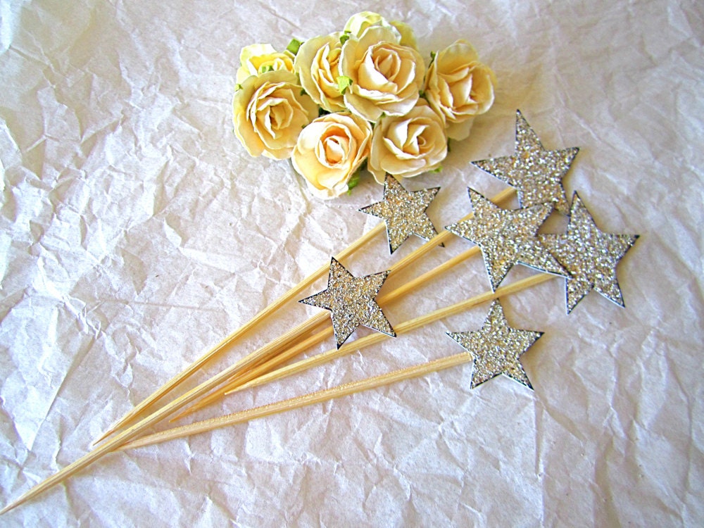 Star Cupcake Toppers -   Vintage Inspired -Set of 6 - Silver Glass Glitter