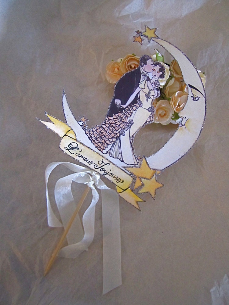 Moon and Banner Wedding Cake Topper- Vintage Bride And Groom - Outlined in Silver Glitter