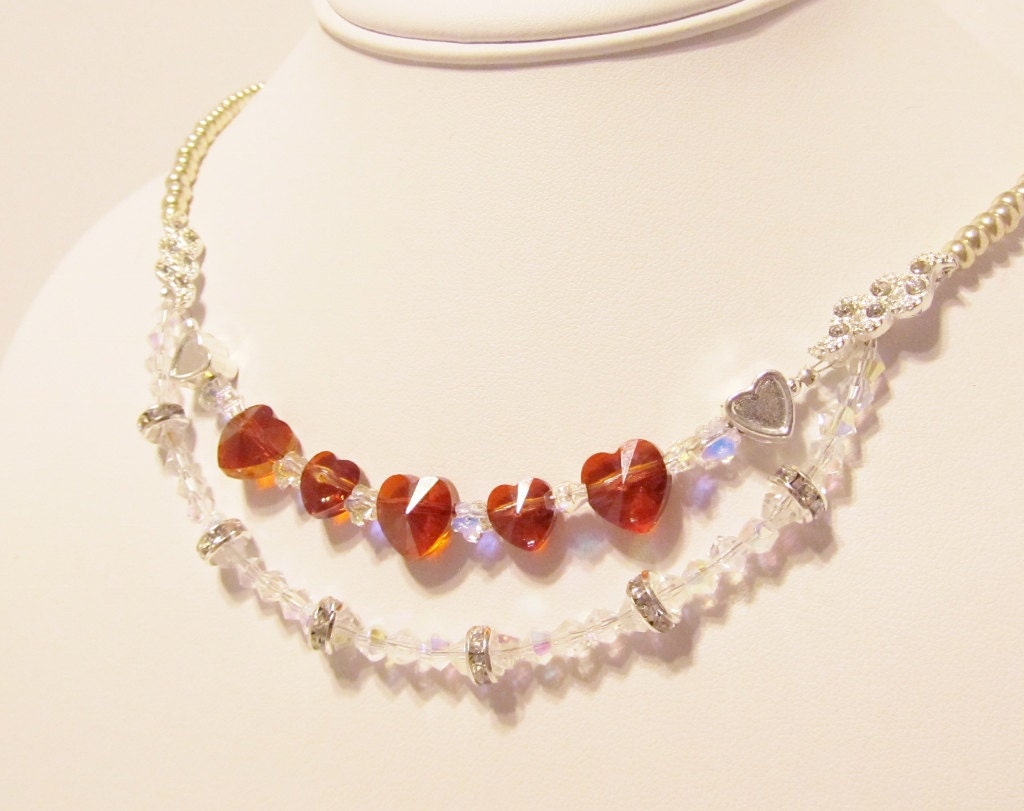Swarovski Red Hearts and Clear Crystal Flowers - Wedding Necklace