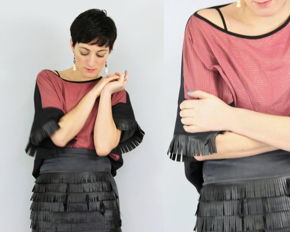 Fringe top, oversized, chiffon cotton faux leather fringe, one size top, box T, redwood / Indian red, black, metallic stripes