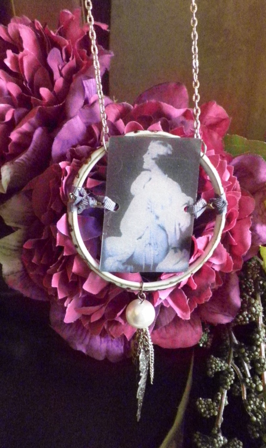 Assemblage necklace with vintage woman in nightgown