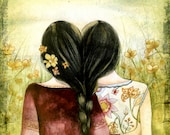 2 art prints sisters best friends  with black hair