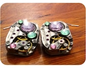 Green Earrings Green Crystal Earrings Pink Crystal Earrings Steampunk Earrings