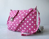 Fuchsia  and White Polka Dot  Midi Messenger  Bag  Wirstlet and  shoulder Adjustable strap Zipper Closure