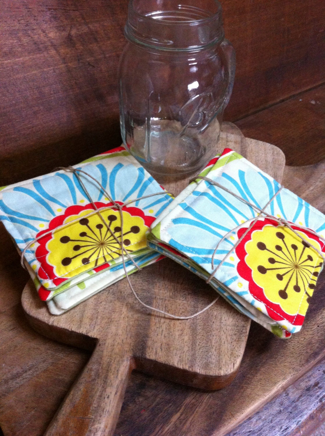 Set of 8 Coasters Bright Flowers Reversible Washable Red Yellow Blue Green Cream
