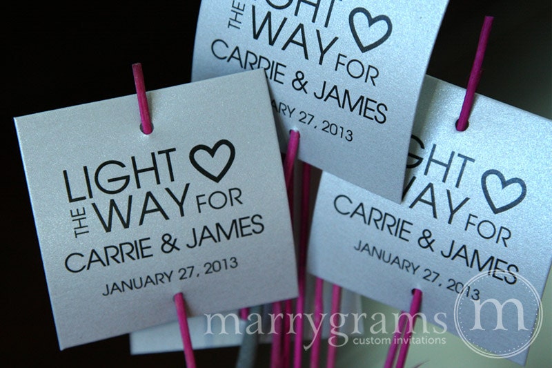 Sparkler Tags - Light the Way - Wedding Favor Tags Script Custom with Names and Date - Sparklers Tiffany Blue, Pink (Set of 24)