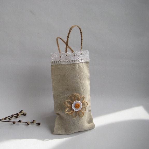 Small Flower Favor Bag SET OF 10 Linen Lace Twine Burlap Gift bag Sachet Tote bag Pouch Reusable Wedding Rustic Shabby chic by margity