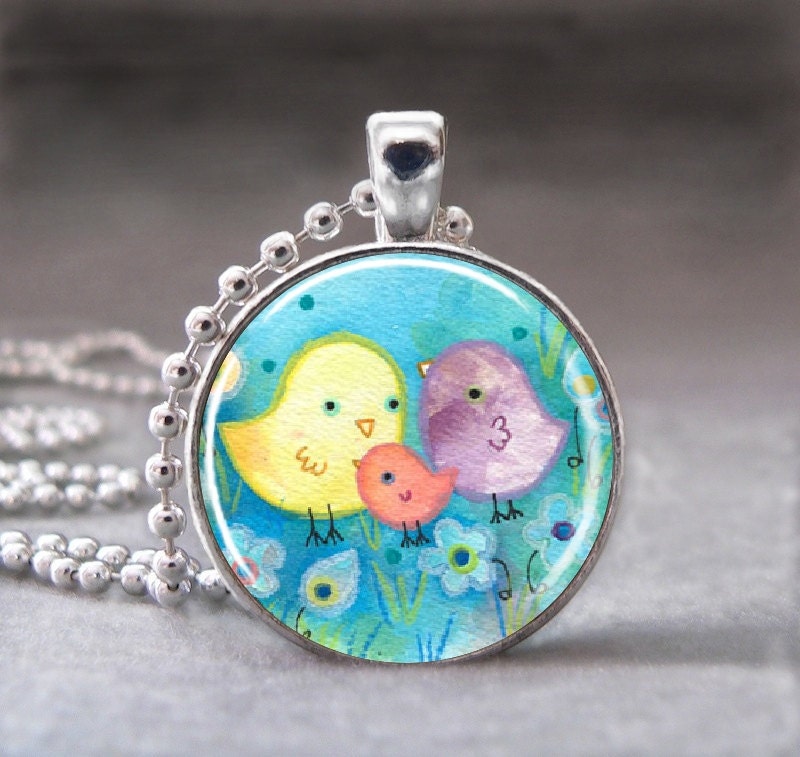 Mother Father and Baby Bird Family, Altered Art Glass Dome Photo Pendant Necklace - no. 051-11