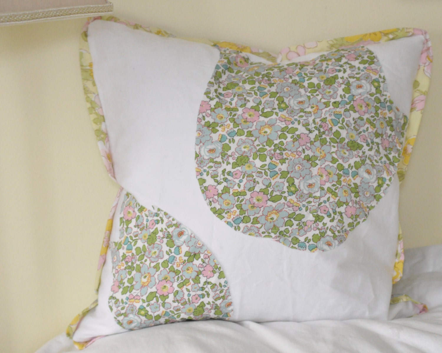 Tulip applique pillow sham made from floral vintage sheets and upcycled fabric