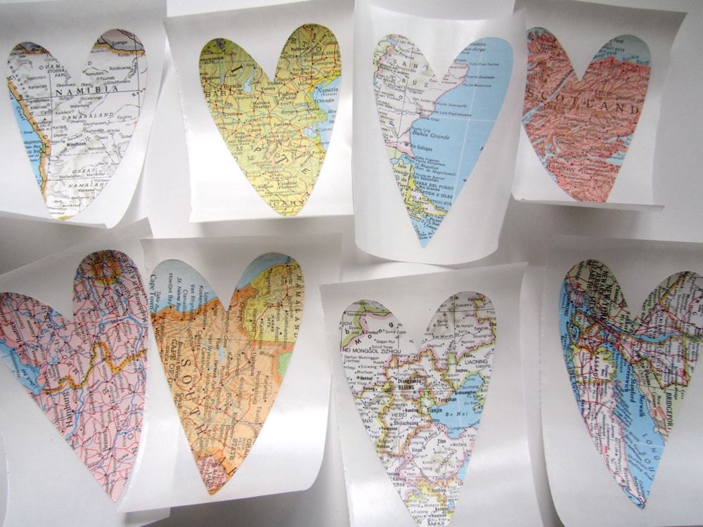 Jumbo Heart Stickers, Vintage Map Stickers, Wedding Favors, 4 inches, Set of 15, Eco Friendly, Destination Wedding, Vintage Style, Map Theme
