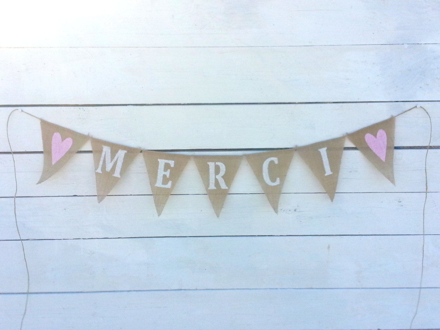 Merci burlap banner with light pink hearts