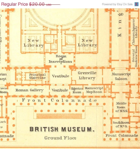 1907 British Museum Floor Plan,  Original Antique Drawing, Baedeker