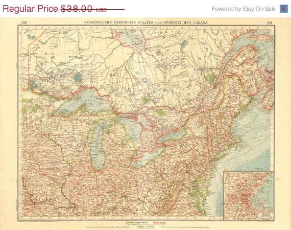 Antique Map of North United States and South Canada, Great Lakes