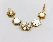Upcycled earring bracelet chunky white gold vintage gold settings milk glass beads crystal wedding bridesmaid retro repurposed chunky