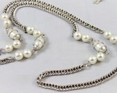 Sarah Cov necklace extra long silver caged pearl vintage signed sleek chain flapper style high fashion modern clean