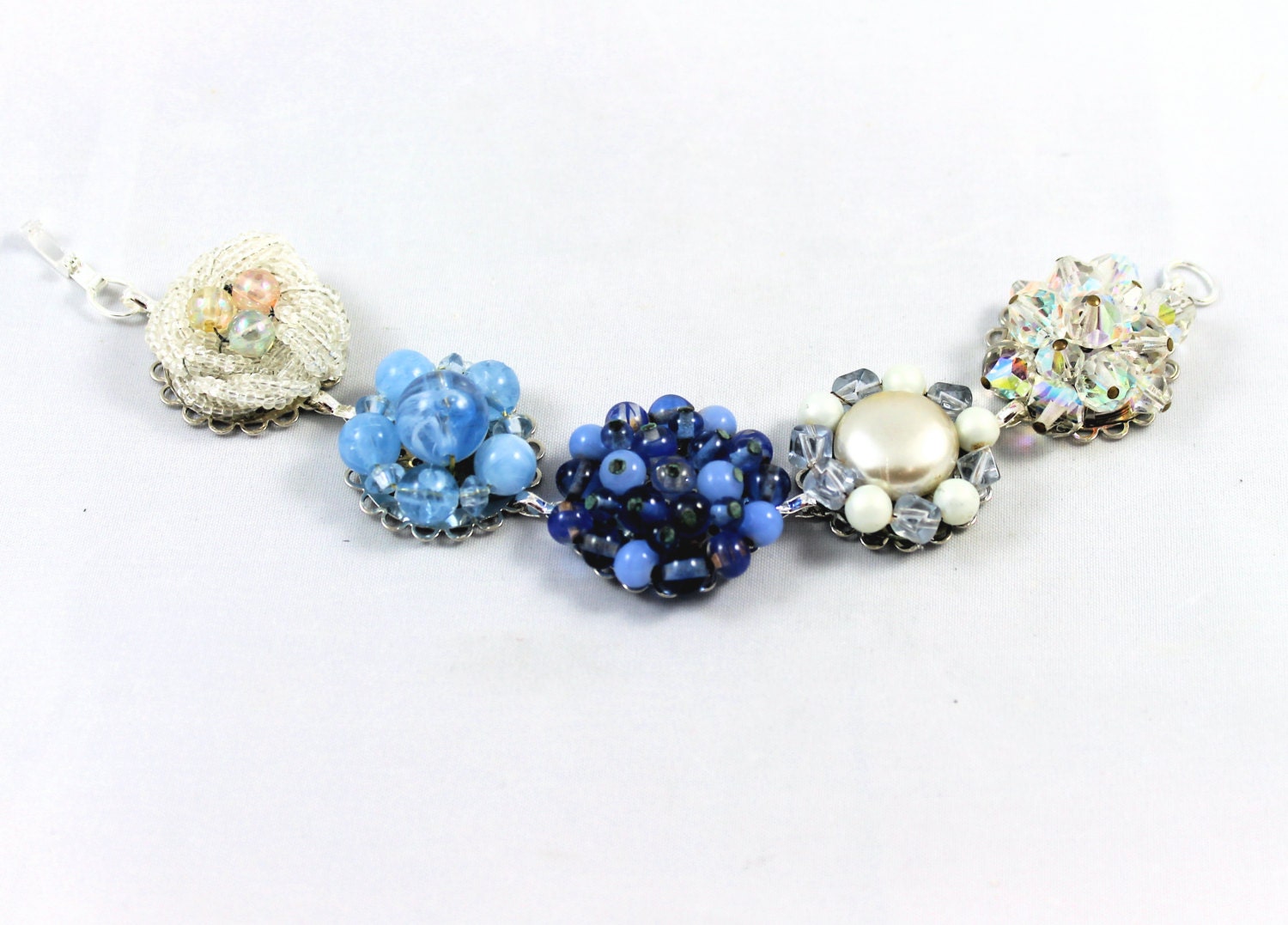 Upcycled earring bracelet chunky vintage blue ivory AB crystals pearls glass wedding bridesmaid retro repurposed