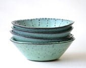 Stoneware Bowl - Set of 2 - Aqua Mist Creamy White Dark Teal - Shabby Chic Mediterranean Dinnerware