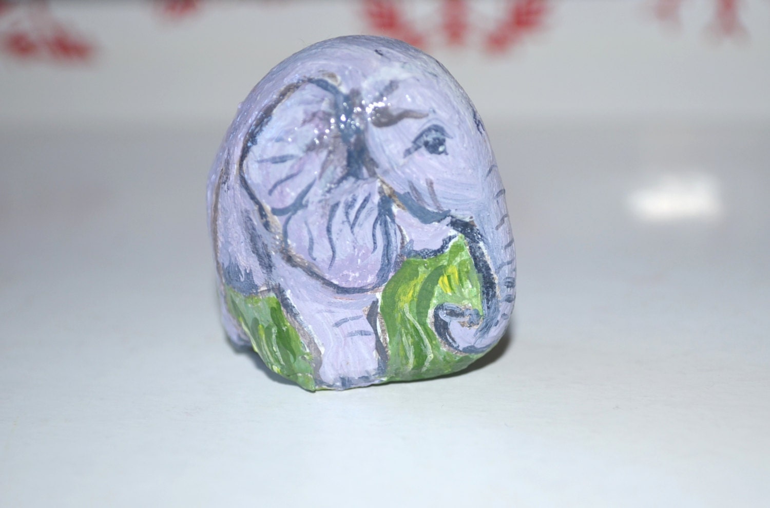 Hand Painted Pocket Stone Baby Elephant. Miniature tiny River rock Artwork. 3D Safari Animal Figurine