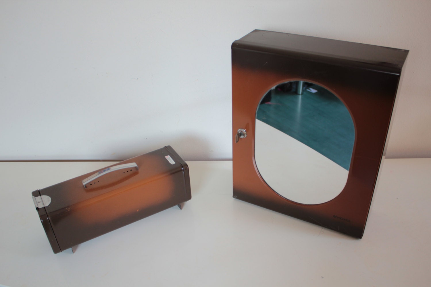 Vintage set of 2 70s brown Brabantia medicine cabinet and biscuit case