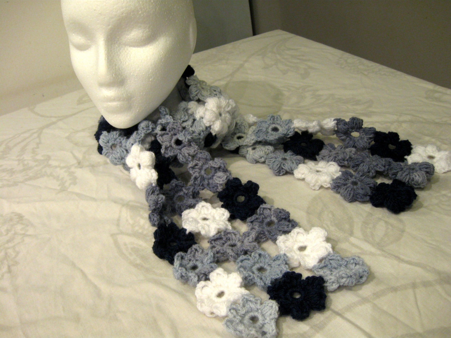 Puff Flower Scarf - Blue and white