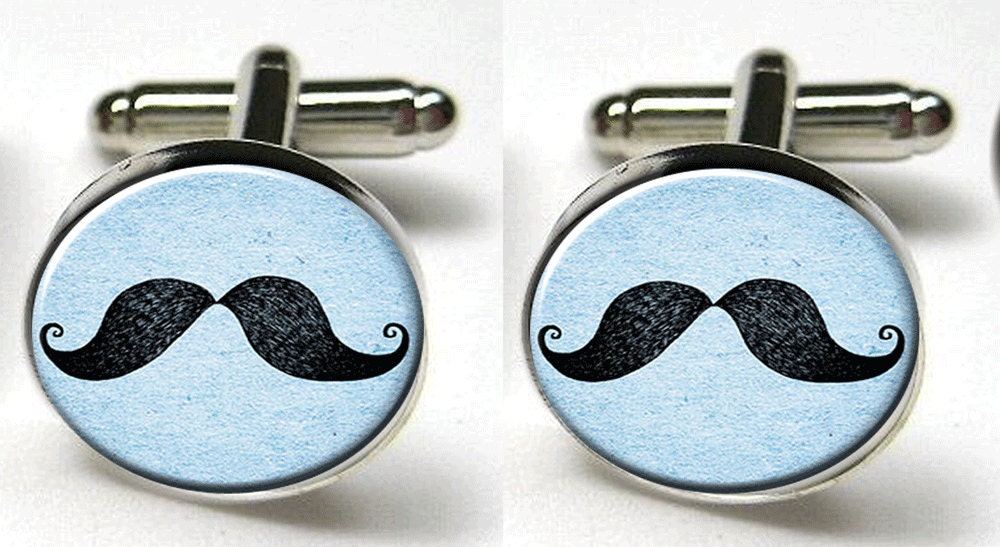 Silver Bezel CuffLinks Glass Round Cool Blue Mustache Funny Retro Trendy Wedding