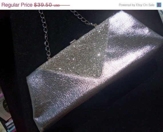 1960's Retro Old Hollywood Glam Silver Sparkly Clutch Purse Mad Men Mod Handbag Black Tie Formal