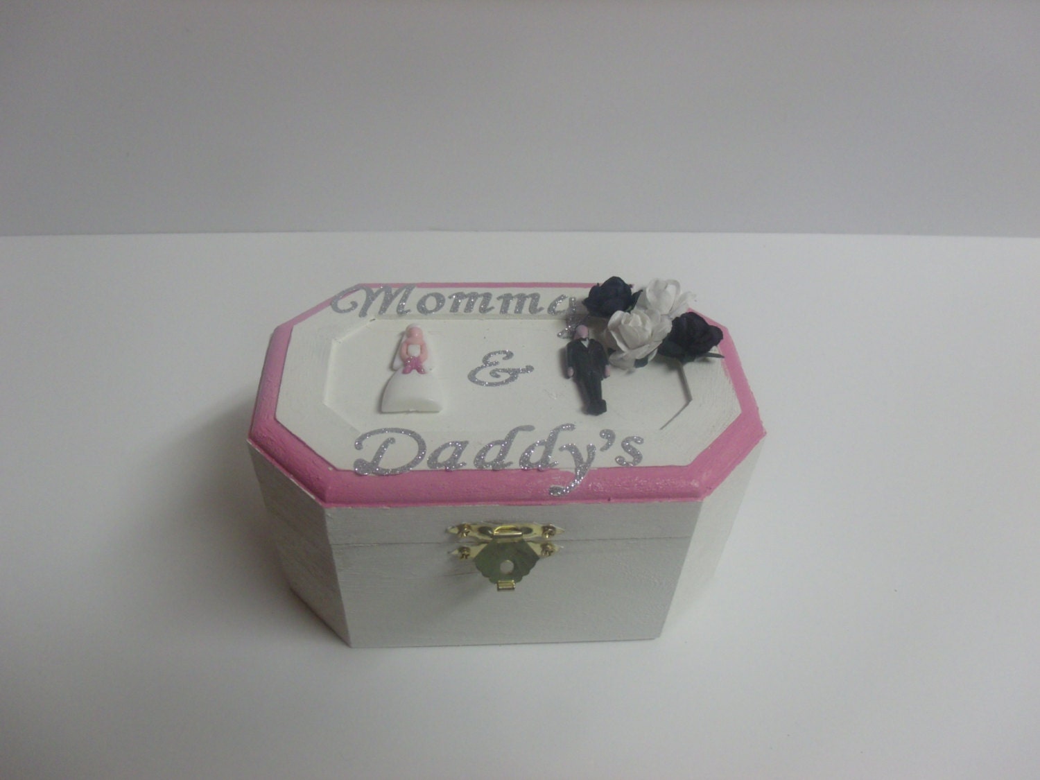 Ring Bearer Box In Ivory and Pink With White and Black Accents and Silver Lettering