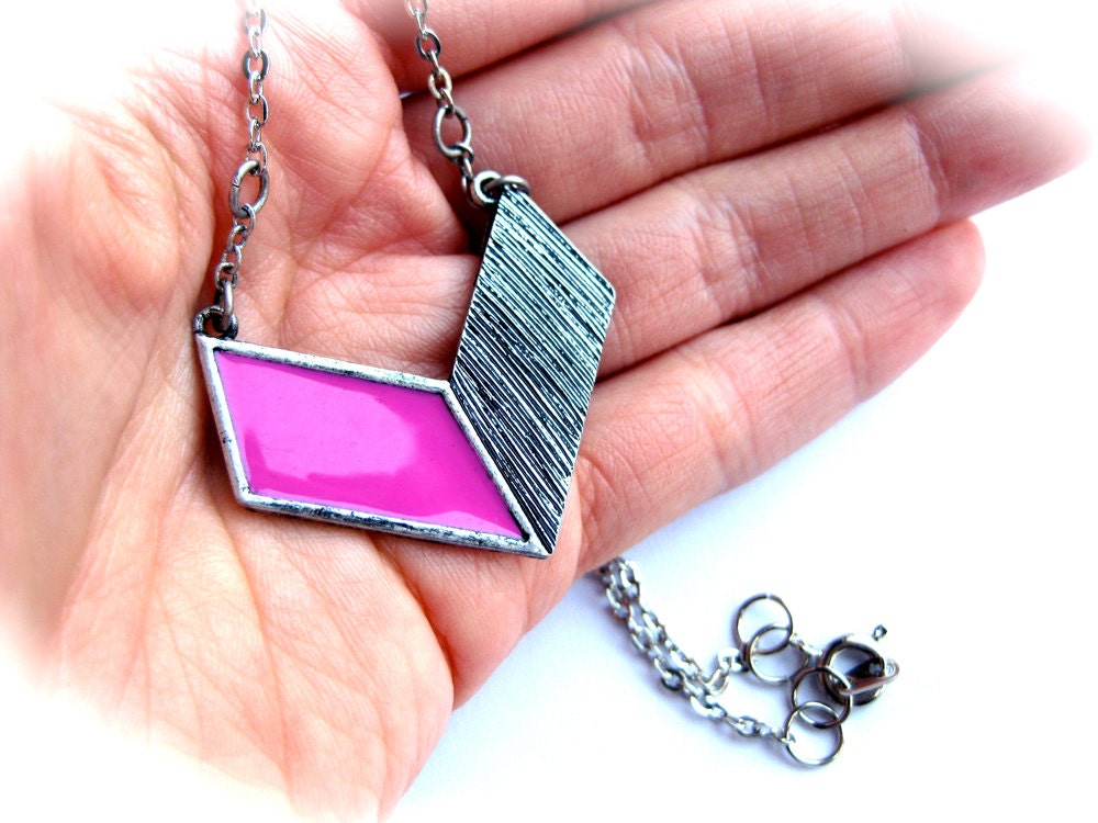 Neon Chevron Necklace-Antique Silver and Hot Pinkish Purple Fuchsia-Geometric Pendant Jewelry-Mod Retro Summer Fashion by Couture Nicole