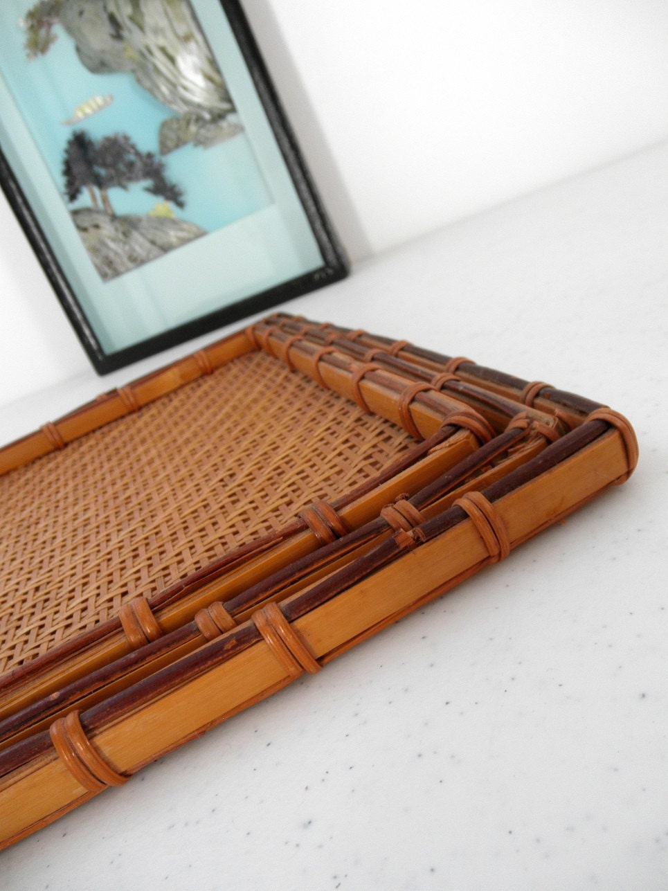 Midcentury Modern Trays - Set of (3)  Woven Nesting Basket Trays - Asian Themed Home Decor - Coffee Table